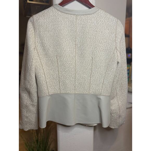 Lafayette 148 New York Women's Zip Blazer Cream Tweed Jacket Leather Trim Size 8 - Picture 7 of 7